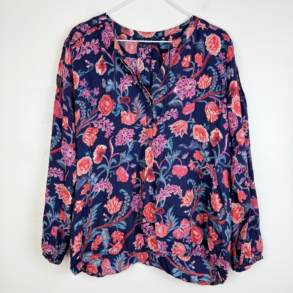 Lucky Brand Floral Boho Blouse Navy Pink Long Sleeve